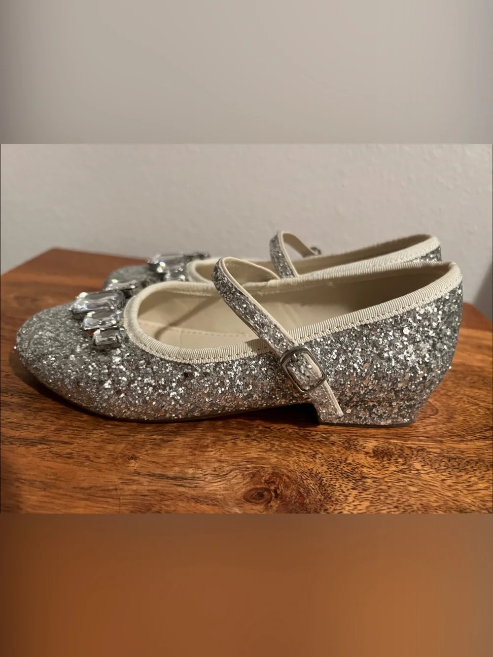 Crewcuts Silver Glitter Mary Jane Flats with Jewel Accents